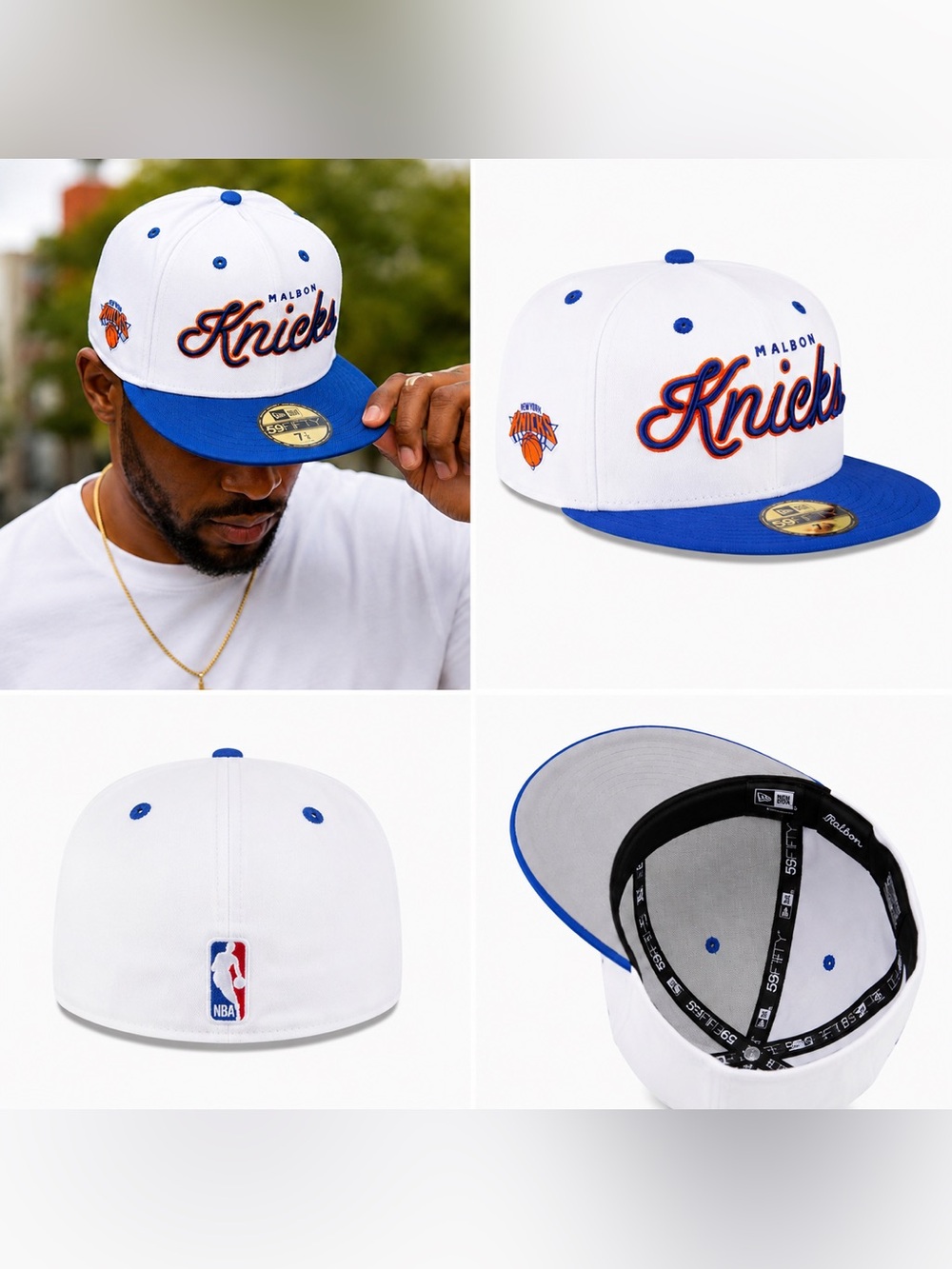 Malbon Golf x New York Knicks White 59FIFTY Fitted Cap 7 7/8 NWOT Rare